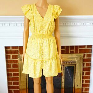 Draper James Yellow Mini Dress 10 Floral Ruffle Hem & Sleeves Shirred Waist